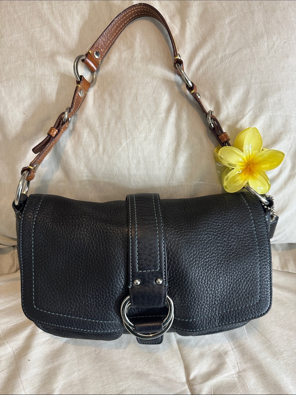 Black Leather Shoulder Bag with Brown Strap